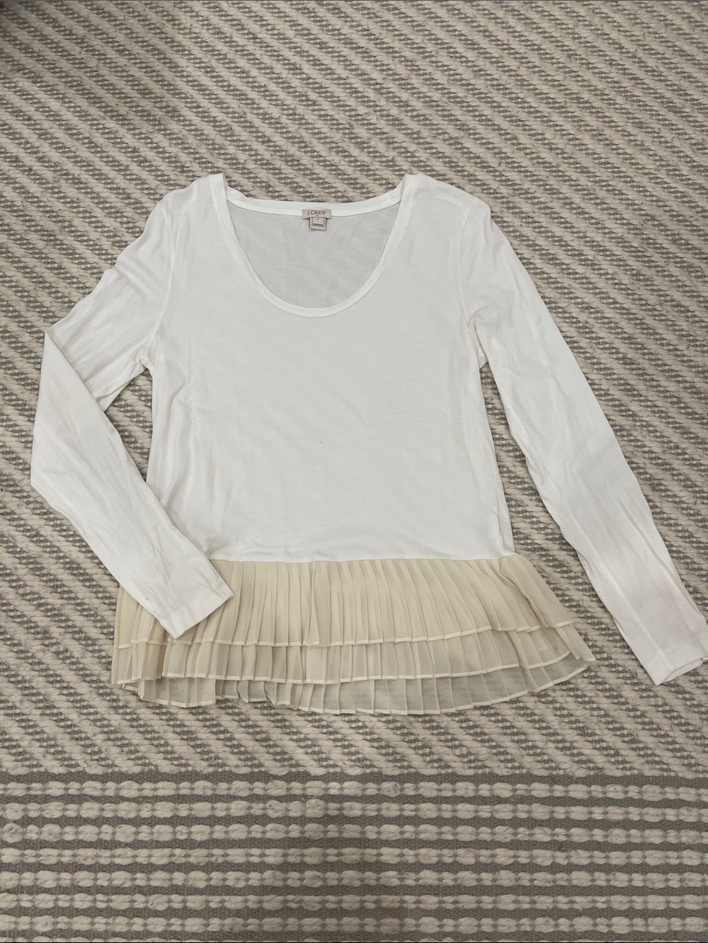 J. Crew White Long-Sleeve Scoop Neck Top with Cream Pleated Hem Trim